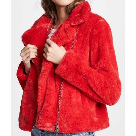 Rebecca Minkoff red faux fur bomber jacket size S - Picture 4 of 4